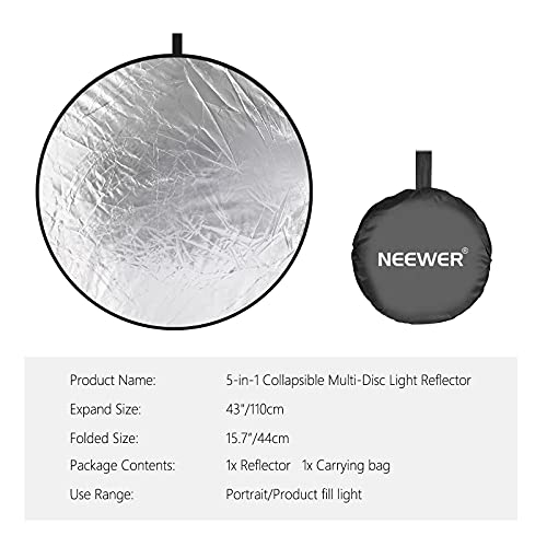 NEEWER 43 Inch/110 Centimeter Light Reflector Diffuser 5 in 1 Collapsible Multi Disc with Bag - Translucent, Silver, Gold, White, and Black for Studio Photography Lighting Outdoor