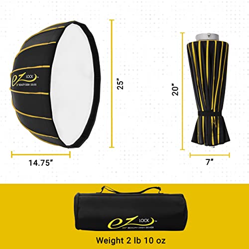 Glow EZ Lock 25" Collapsible Silver Beauty Dish Softbox with Bowens Mount Speedring and Deflection Disk, 16 Ribbed Design Soft Box with Silver Interior for Perfect Lighting Beauty Photography