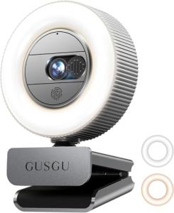 GUSGU Quad HD Webcam with Microphone, Privacy Cover & Ring Light