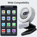 GUSGU Quad HD Webcam with Microphone, Privacy Cover & Ring Light