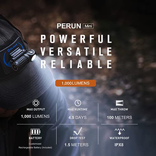 OLIGHT Perun Mini LED Headlamp 1000 Lumens Rechargeable, Right Angle Flashlight with Headband, EDC Handheld Flashlight for Camping, Running, Outdoor, Power Outage, Night Fishing, and Riding