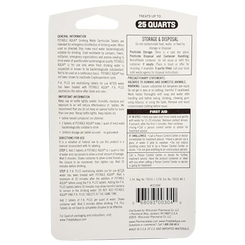 Potable Aqua Water Purification Tablets with PA Plus, Two 50ct Bottles