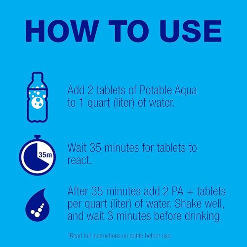 Potable Aqua Water Purification Tablets with PA Plus, Two 50ct Bottles