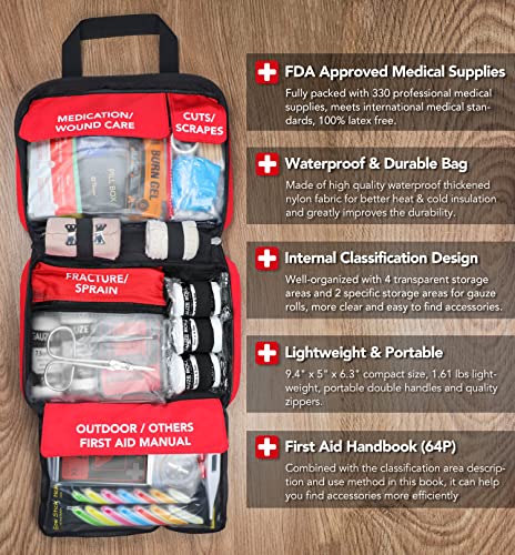 330 Piece Premium Waterproof First Aid Kit for Camping