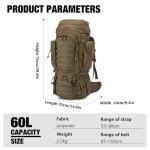 60L Molle Hiking Backpack with Rain Cover - Khaki