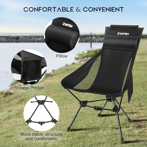 ZIMFEM Portable Camping Chair with Headrest and Storage Bag