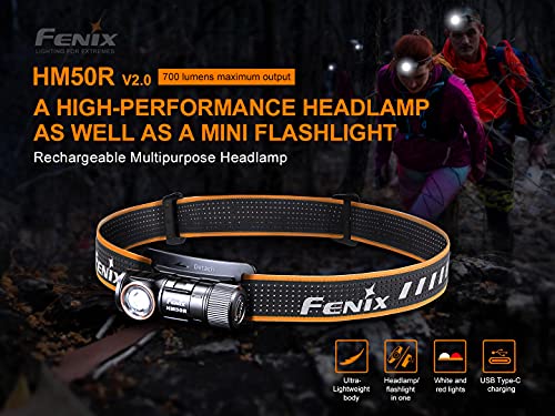 Fenix HM50R v2.0 Headlamp, 700 Lumen USB-C Rechargeable Lightweight with White/Red Light, with Lumentac Organizer