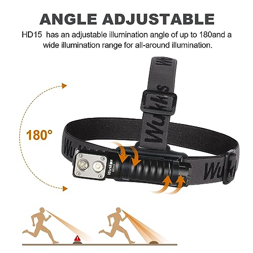Wurkkos HD15 Headlamp 2000 Lumens LED Head Flashlight Rechargeable Headlight Right Angle Flashlight with Spotlight and Floodlight IP68 Waterproof Magnetic Tailcap (Black)