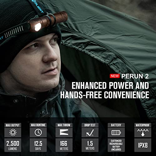 OLIGHT Perun 2 LED Headlamp 2500 Lumens Rechargeable, Right Angle Waterproof Flashlight, IPX8 Head Light Perfect for Night Camping, Hiking, Hunting, Outdoors, and Hard Hat Work (Desert Tan)
