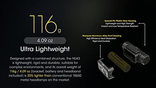 Nitecore NU43 Rechargeable Headlamp, 1400 lumens USB-C Bright Lightweight for Camping, Running, or Working, with Spotlight, Floodlight, Red Light