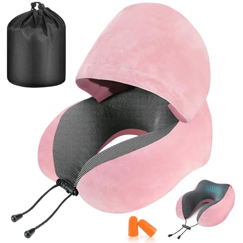 Pink Velvet Memory Foam Hooded Travel Neck Pillow