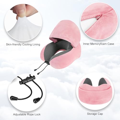 Pink Velvet Memory Foam Hooded Travel Neck Pillow