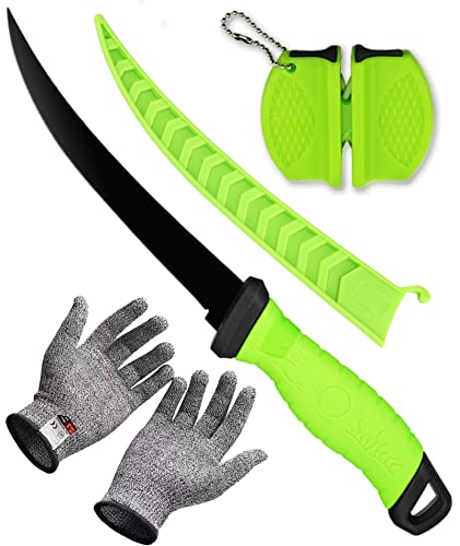 7" Professional Stainless Steel Fish Fillet Knife Set with Sharpener, Gloves