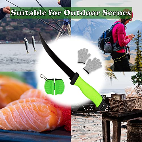 7" Professional Stainless Steel Fish Fillet Knife Set with Sharpener, Gloves