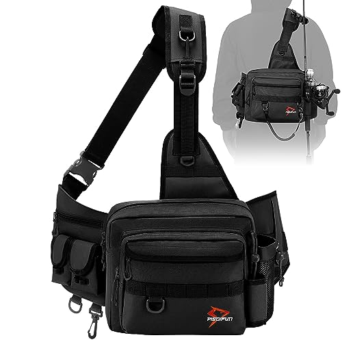 Piscifun Fishing Tackle Sling Bag with Rod & Gear Holder, Lightweight Water-Resistant Cross Body Bag with D-Rings and Waist Strap, Black