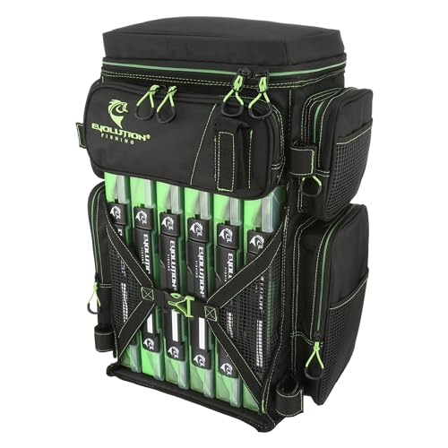 Evolution Fishing Drift Series 3700 Tackle Backpack with QuikLatch System & 2 Rod Holders – Green, Heavy Duty Fishing Backpack w/ 6 Tackle Trays, Built in Rain Fly