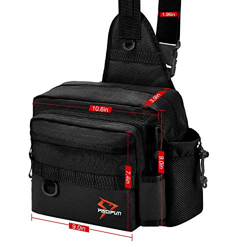 Piscifun Fishing Tackle Sling Bag with Rod & Gear Holder, Lightweight Water-Resistant Cross Body Bag with D-Rings and Waist Strap, Black