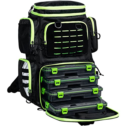 FEIWOOD GEAR Fishing Tackle Backpack with 4 Tackle Boxes,Large Storage - Resistant Fishing Backpack with Rod Holder for Fishing, Camping, Hiking, Outdoor Sports