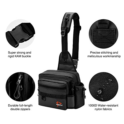 Piscifun Fishing Tackle Sling Bag with Rod & Gear Holder, Lightweight Water-Resistant Cross Body Bag with D-Rings and Waist Strap, Black