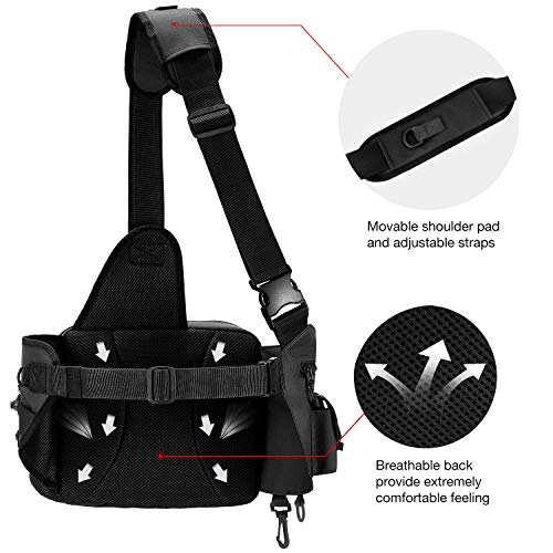 Piscifun Fishing Tackle Sling Bag with Rod & Gear Holder, Lightweight Water-Resistant Cross Body Bag with D-Rings and Waist Strap, Black