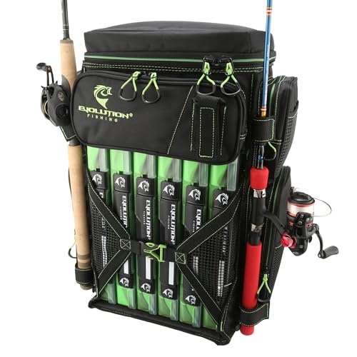 Evolution Fishing Drift Series 3700 Tackle Backpack with QuikLatch System & 2 Rod Holders – Green, Heavy Duty Fishing Backpack w/ 6 Tackle Trays, Built in Rain Fly