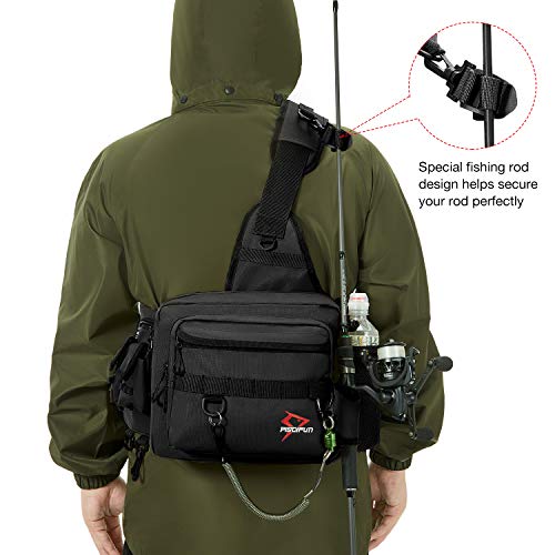 Piscifun Fishing Tackle Sling Bag with Rod & Gear Holder, Lightweight Water-Resistant Cross Body Bag with D-Rings and Waist Strap, Black