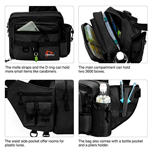 Piscifun Fishing Tackle Sling Bag with Rod & Gear Holder, Lightweight Water-Resistant Cross Body Bag with D-Rings and Waist Strap, Black