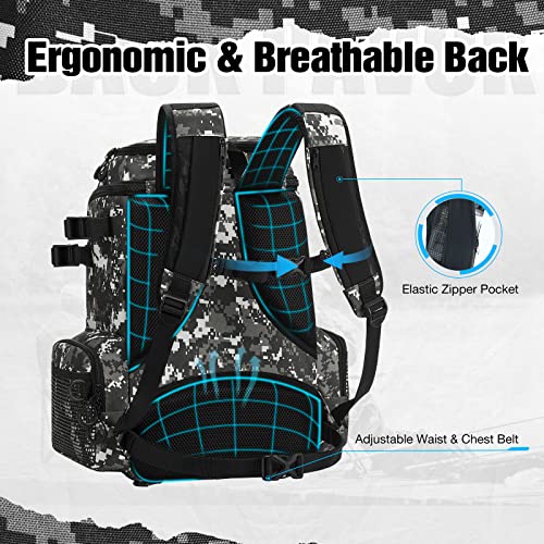 Piscifun Fishing Backpack with Rod Holders & 4 Tackle Boxes, Waterproof Rain Cover, Bottle Holder, Water-resistant Bag to Store Gear & Equipment for Fishing, Camouflage