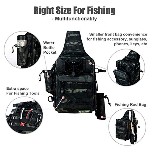 Rodeel Fishing Tackle Sling Shlouder Backpack with Fishing Rod Holder, Lure Bag with a Tray, Water Resistant & Weatherproof, Large Storage, for Fly Fishing, Outdoor Sports, Camping, Hiking