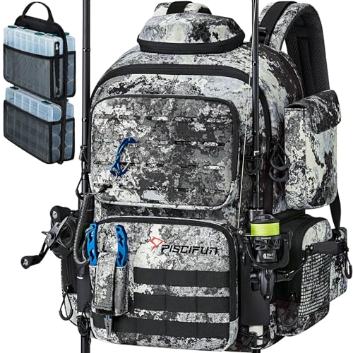 Piscifun Fishing Tackle Backpack 45L with Rod Holders & 4 Tackle Boxes, Camouflage