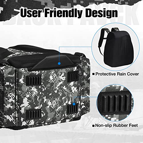 Piscifun Fishing Backpack with Rod Holders & 4 Tackle Boxes, Waterproof Rain Cover, Bottle Holder, Water-resistant Bag to Store Gear & Equipment for Fishing, Camouflage