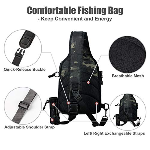 Rodeel Fishing Tackle Sling Shlouder Backpack with Fishing Rod Holder, Lure Bag with a Tray, Water Resistant & Weatherproof, Large Storage, for Fly Fishing, Outdoor Sports, Camping, Hiking