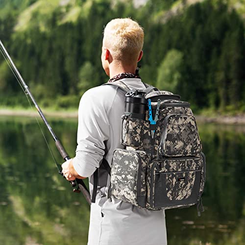 Piscifun Fishing Tackle Backpack with 4 Tackle Boxes, Waterproof Rain Cover, Bottle Holder, Large Storage Waterproof Fishing Tackle Bag for Fishing Gear, Camping, Hiking Digital Camouflage