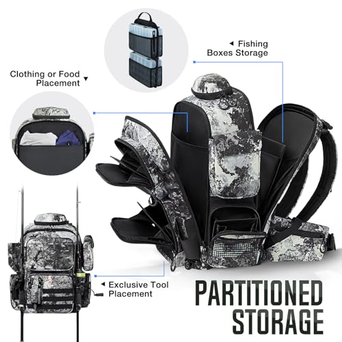 Piscifun Fishing Tackle Backpack 45L with Rod Holders & 4 Tackle Boxes, Camouflage