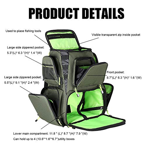 Seaknight Fishing Tackle Backpack, Large Storage, Water-Resistant Fishing Bags, Outdoor Multifunctional Box Tackle Bag for Fishing Camping Hiking Cycling (Green-25L,no Trays)