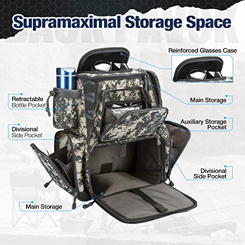 Piscifun Fishing Tackle Backpack with 4 Tackle Boxes, Waterproof Rain Cover, Bottle Holder, Large Storage Waterproof Fishing Tackle Bag for Fishing Gear, Camping, Hiking Digital Camouflage