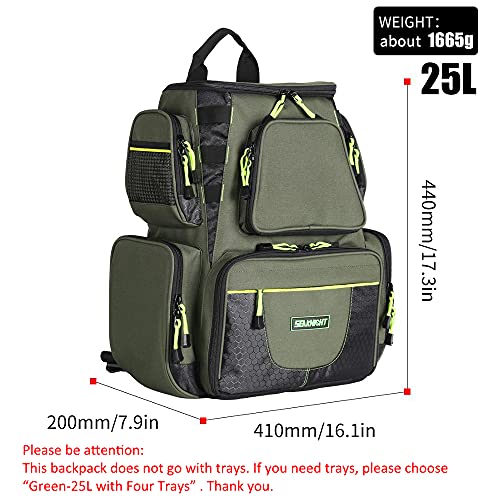 Seaknight Fishing Tackle Backpack, Large Storage, Water-Resistant Fishing Bags, Outdoor Multifunctional Box Tackle Bag for Fishing Camping Hiking Cycling (Green-25L,no Trays)