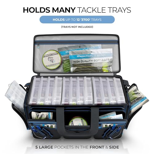 Reaction Tackle Fishing Tackle Bag – Salt Water Resistant Tackle Box Bag, 1000D PVC Waterproof Material, Durable Liner, Removable Dividers, for 3600 or 3700 Trays, XL Bag