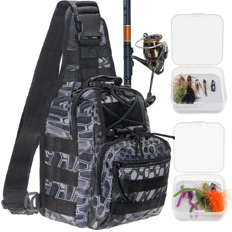 DEILAI Fishing Backpack Tackle Bag with Rod Holder Waterproof Gear Sling Backpack Fishing Storage Backpack Shoulder Bag Fishing Gift for Men and Women for Fishing,Hiking,Travel,Hunting,Black