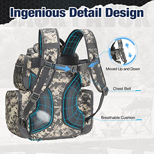 Piscifun Fishing Tackle Backpack with 4 Tackle Boxes, Waterproof Rain Cover, Bottle Holder, Large Storage Waterproof Fishing Tackle Bag for Fishing Gear, Camping, Hiking Digital Camouflage