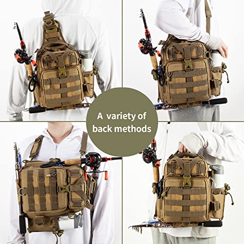 BLISSWILL Fishing Backpack Outdoor Tackle Bag Large Fishing Tackle Bag Water-resistant Fishing Backpack with Rod Holder Shoulder Backpack (Khaki)