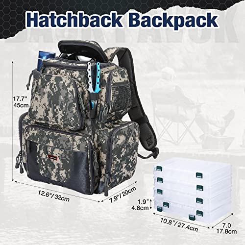 Piscifun Fishing Tackle Backpack with 4 Tackle Boxes, Waterproof Rain Cover, Bottle Holder, Large Storage Waterproof Fishing Tackle Bag for Fishing Gear, Camping, Hiking Digital Camouflage
