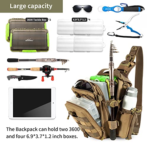 BLISSWILL Fishing Backpack Outdoor Tackle Bag Large Fishing Tackle Bag Water-resistant Fishing Backpack with Rod Holder Shoulder Backpack (Khaki)