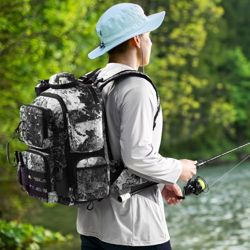 Piscifun Fishing Tackle Backpack 45L with Rod Holders & 4 Tackle Boxes, Camouflage