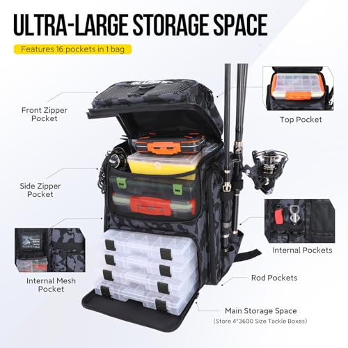 PLUSINNO Fishing Backpack with Rod Holders, 42L Large Water-resistant Fishing Tackle Bag Store Fishing Gear for Fishing, Camping, Hiking, Fishing Gifts for Men Father, Black Camo