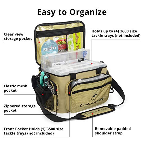 Calamus Fishing Tackle Bags - Fishing Bags for Saltwater or Freshwater Fishing - Rip-Stop PE - Padded Shoulder Strap - Pliers Storage -Khaki