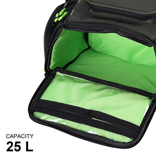 Seaknight Fishing Tackle Backpack, Large Storage, Water-Resistant Fishing Bags, Outdoor Multifunctional Box Tackle Bag for Fishing Camping Hiking Cycling (Green-25L,no Trays)