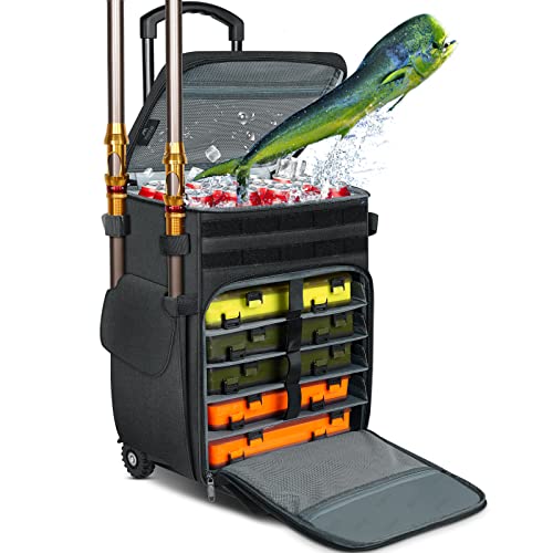 MATEIN Rolling Tackle Box with Cooler, Large Fishing Bag with Wheels for 5 Trays(Trays Not Included), Saltwater Resistant Tackle Backpack with Rod Holders&Waterproof Bottom for Storage Gear Pole Lures