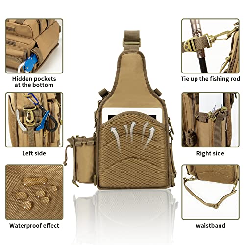 BLISSWILL Fishing Backpack Outdoor Tackle Bag Large Fishing Tackle Bag Water-resistant Fishing Backpack with Rod Holder Shoulder Backpack (Khaki)