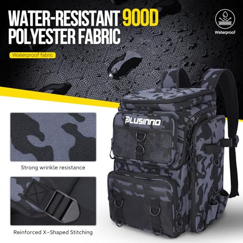 PLUSINNO Fishing Backpack with Rod Holders, 42L Large Water-resistant Fishing Tackle Bag Store Fishing Gear for Fishing, Camping, Hiking, Fishing Gifts for Men Father, Black Camo